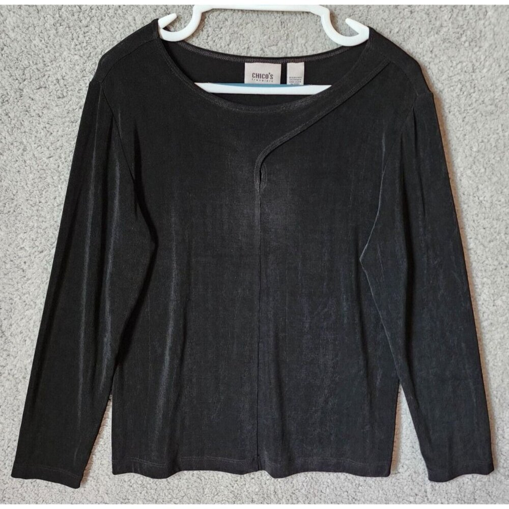 Chico's Travelers Women's Long Sleeve Keyhole Swoop Round Neck Black Size 2 (L)